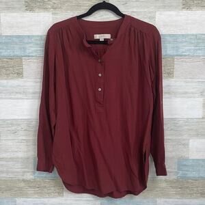 LOFT Popover Henley Top Rust Brown Long Sleeve Casual Womens Small